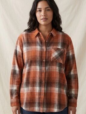 La Miel Women’s L Orange Plaid Flannel Button Up Shirt(A617)
